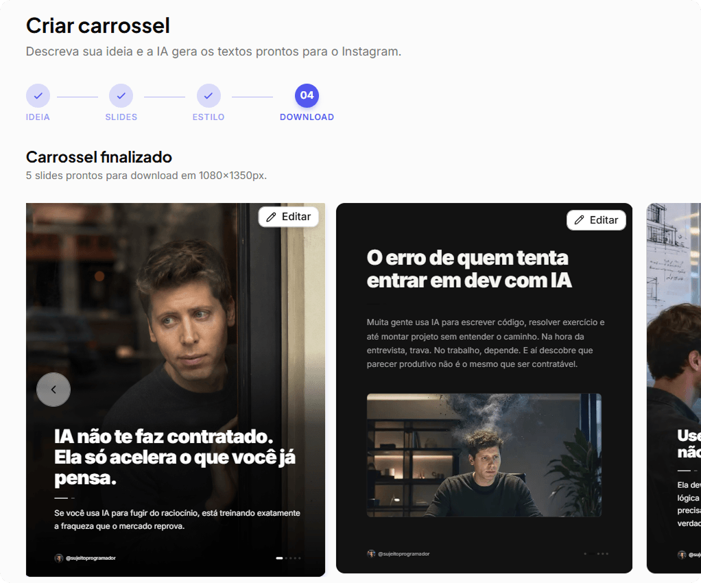 Preview mobile do carrossel gerado